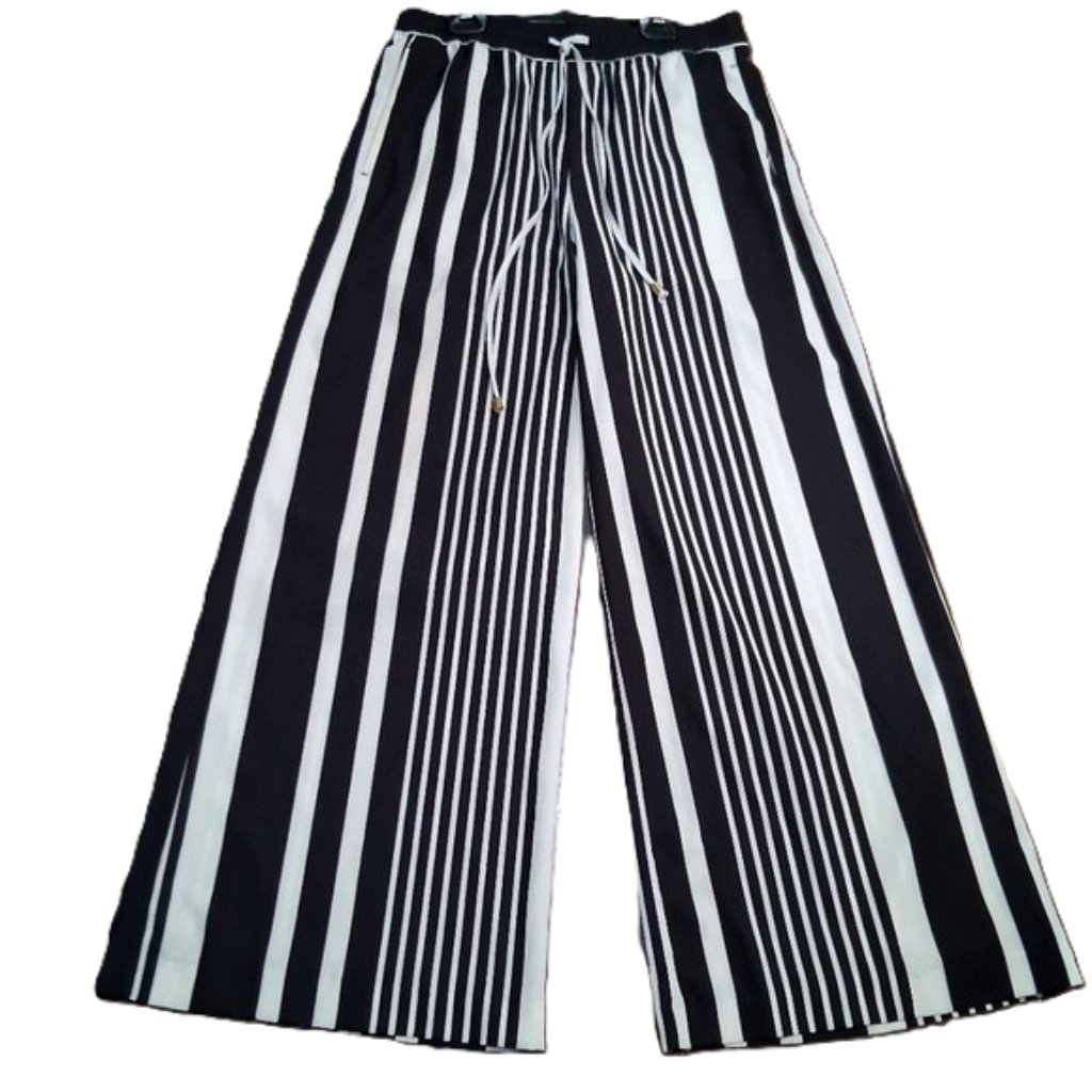 H&M Blck/White Striped Wide Leg, Drawstring Waist Pants. Sz 10.